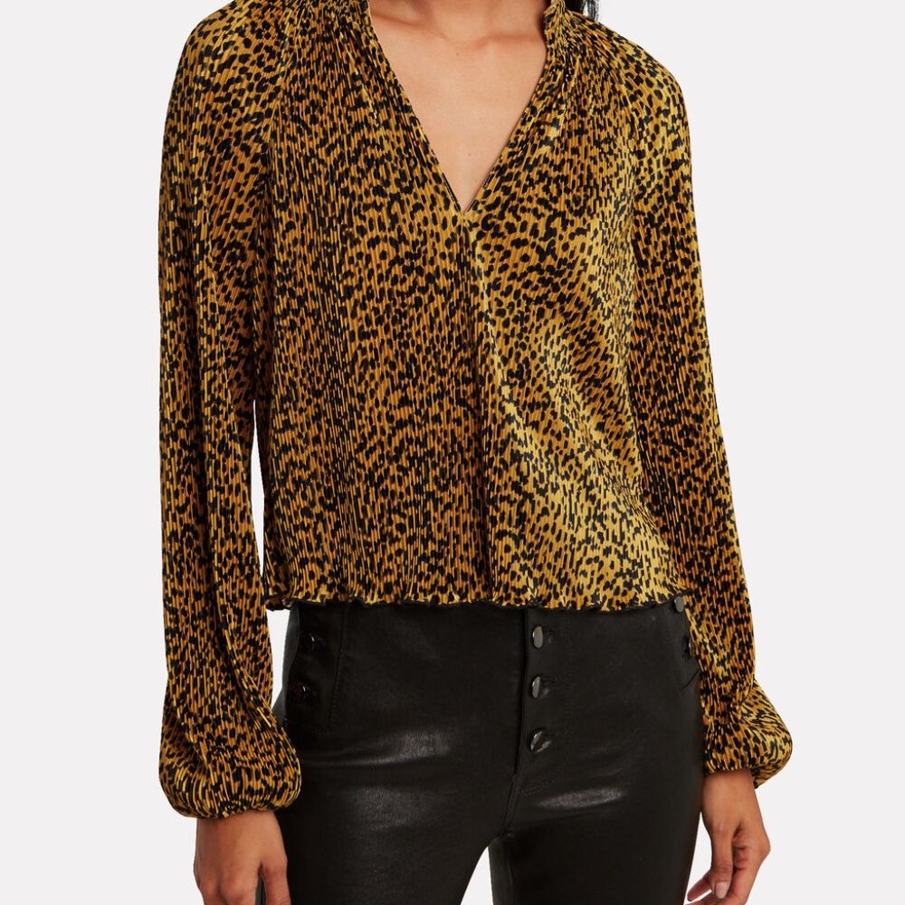 SAYLOR Primrose Cheetah Leopard Plissé Blouse Size XS Good Condition